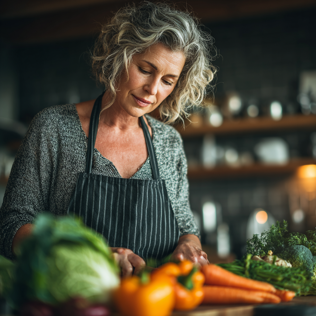 Mature woman in her 40s preparing healthy vegetables in modern kitchen, focused on meal planning