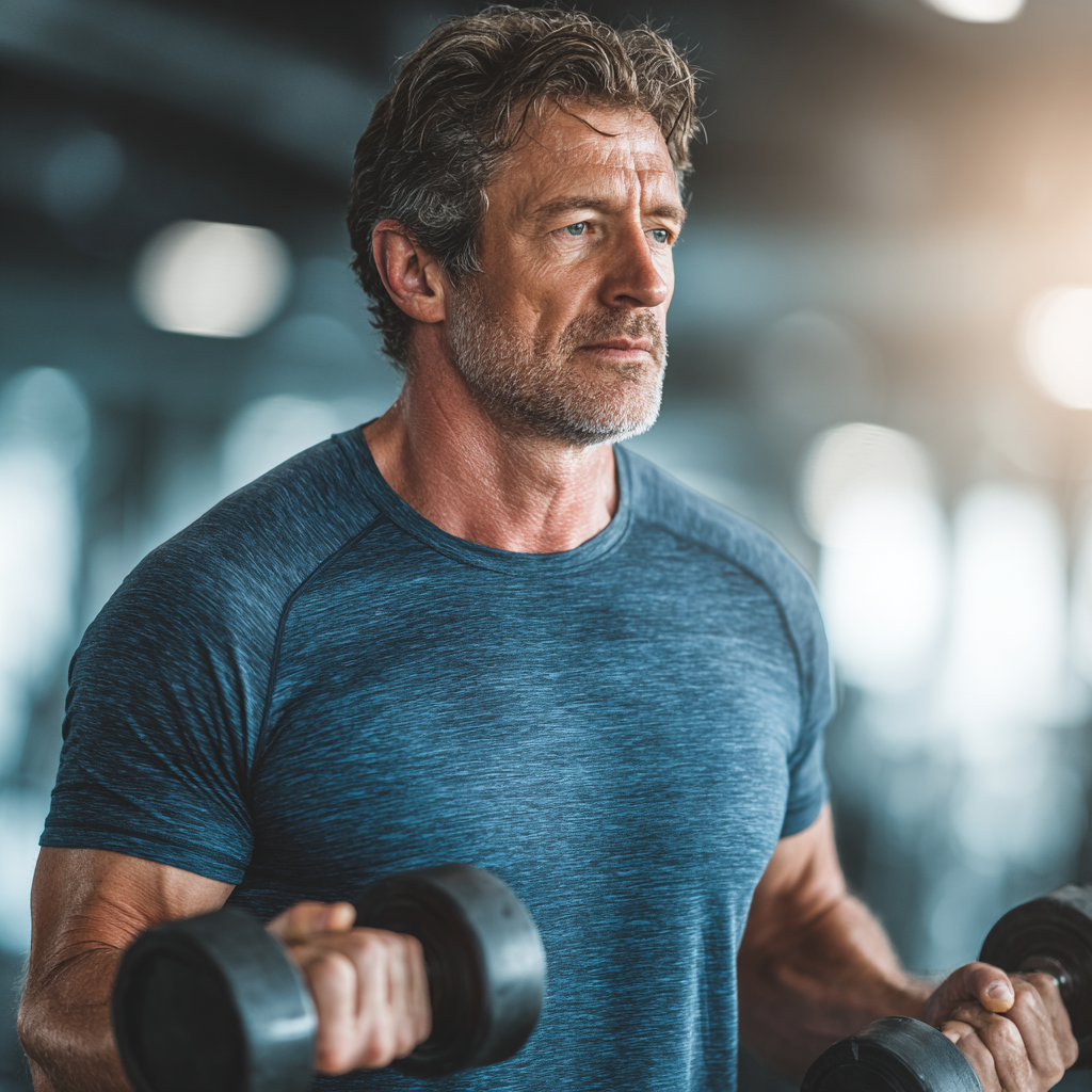 Middle-aged man in his early 50s exercising with dumbbells in bright gym, showing strength training routine